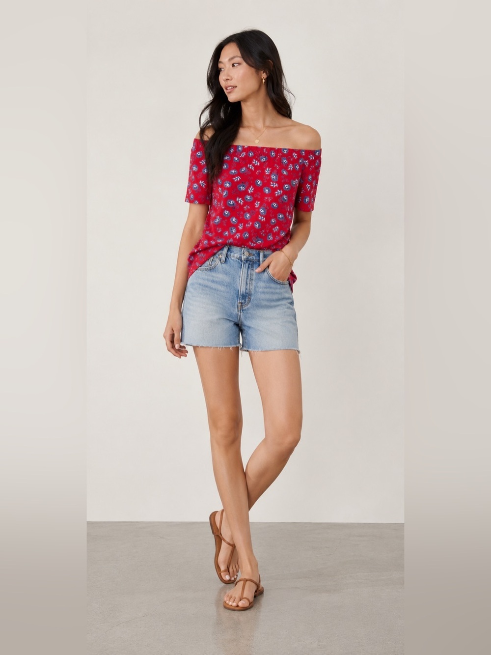 Banana Republic Off Shoulder Floral Top Red Print Blouse Medium
